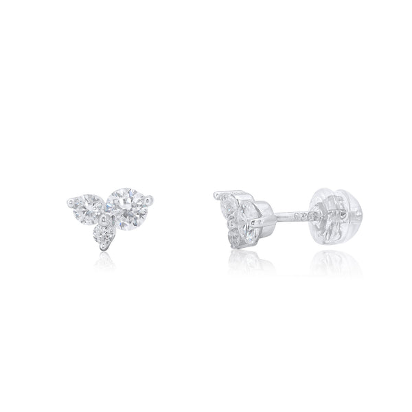 Rhodium Plated 925 Sterling Silver Triple Stone Cluster Moissanite Studded 7mm Stud Earring - MDGE00010