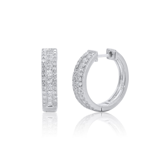 Rhodium Plated 925 Sterling Silver Huggie Moissanite Studded 12.5mm Hoop Earring - MDGE00012