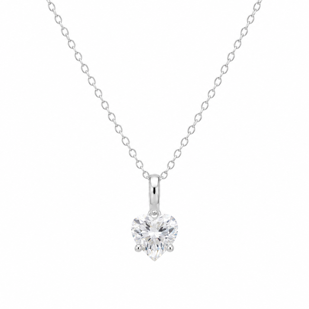 Rhodium Plated 925 Sterling Silver 0.8 Carat Solitaire Heart  Adjustable Pendant Necklace - MDGP00007