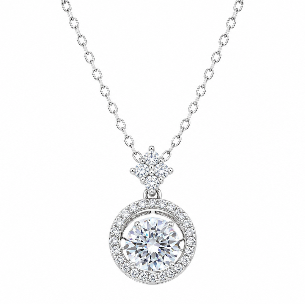 Rhodium Plated 925 Sterling Silver 6.5mm Dancing Moissanite Stone Adjustable Pendant Necklace - MDGP00008