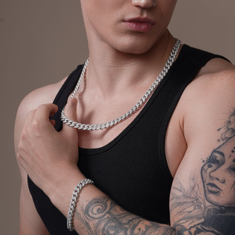 Pulsera o collar de moissanita cubana Miami de 9,5 mm con baño de rodio en plata de ley 925 - MGMB00089