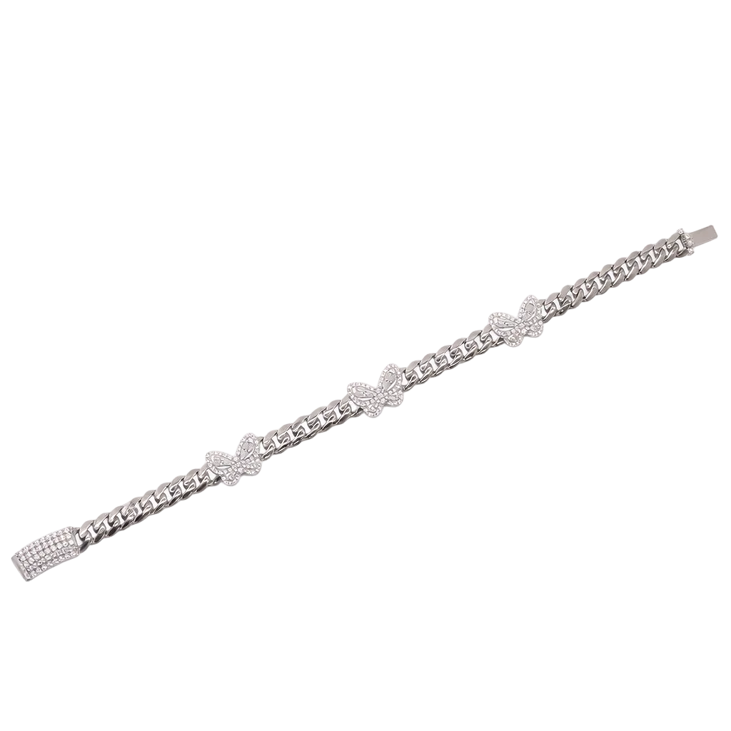 Rhodium Plated 925 Sterling Silver Moissanite Stone Multi Butterfly Cuban Link Bracelet - MGMB00114-7.25