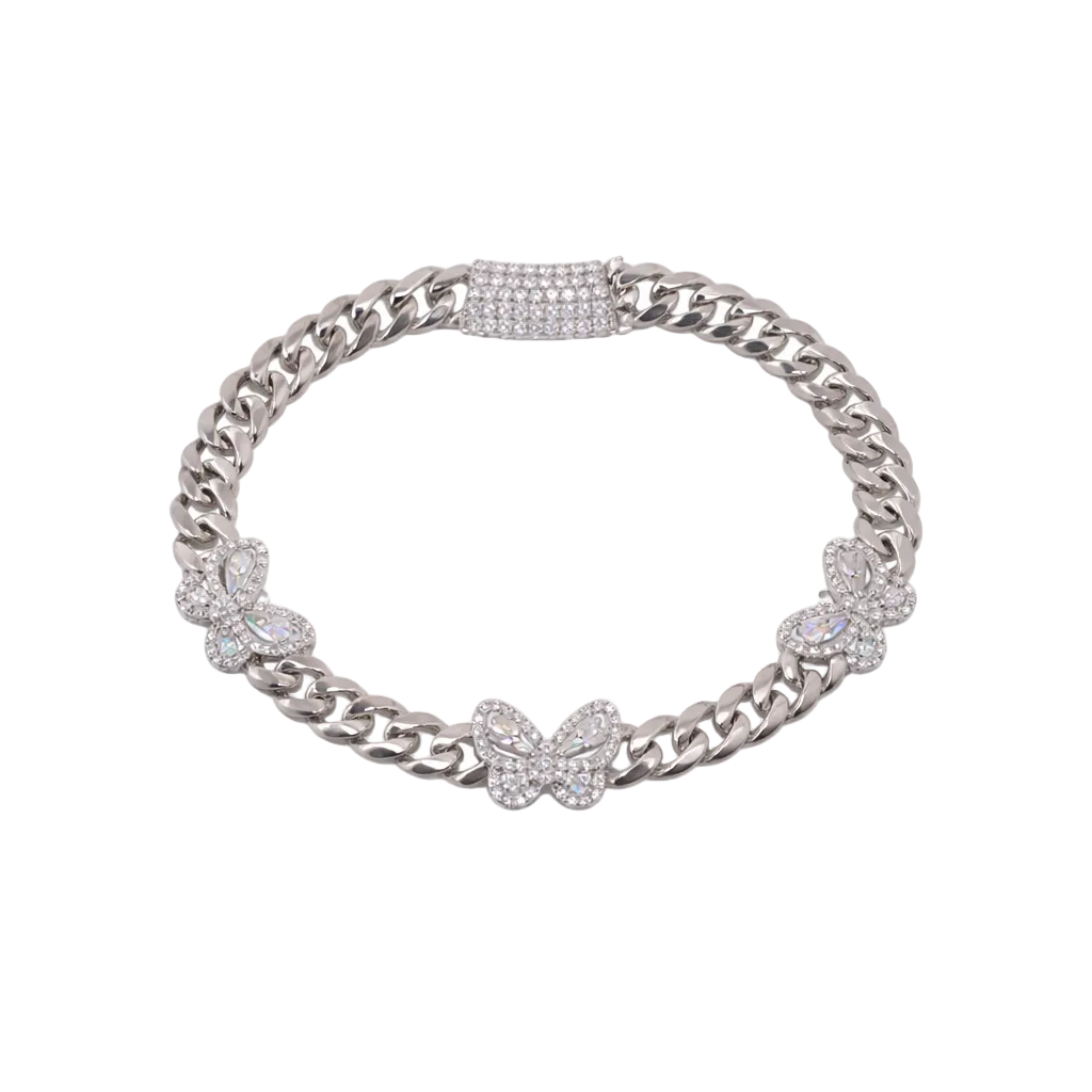 Rhodium Plated 925 Sterling Silver Moissanite Stone Multi Butterfly Cuban Link Bracelet - MGMB00114-7.25