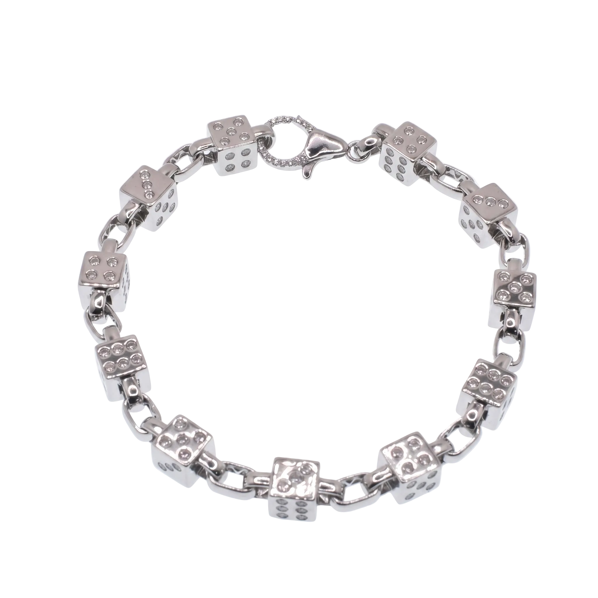 Rhodium Plated 925 Sterling Silver Moissanite Dice Charm Bracelet - MGMB00117 | MGMN00035