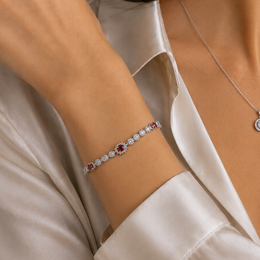 Pulsera de tenis con halo de moissanita de plata de ley 925 con baño de rodio - MGMB00125