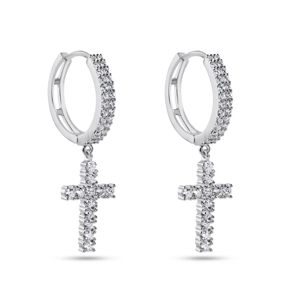 Sterling Silver 925 Rhodium Plated Moissanite Cross Hoop Earring