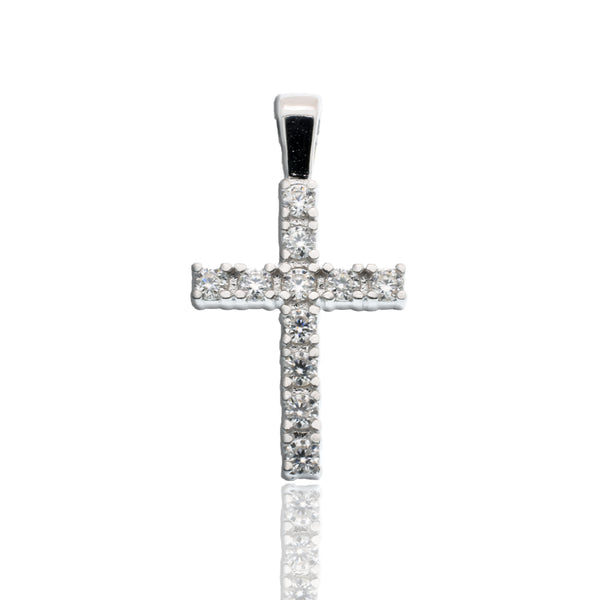 Rhodium Plated 925 Sterling Silver Moissanite Cross 9.6mm x 17.5mm Pendant - MGMN00020