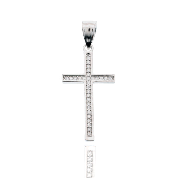 Rhodium Plated 925 Sterling Silver Moissanite Cross 14.2mm x 27mm Pendant - MGMN00022