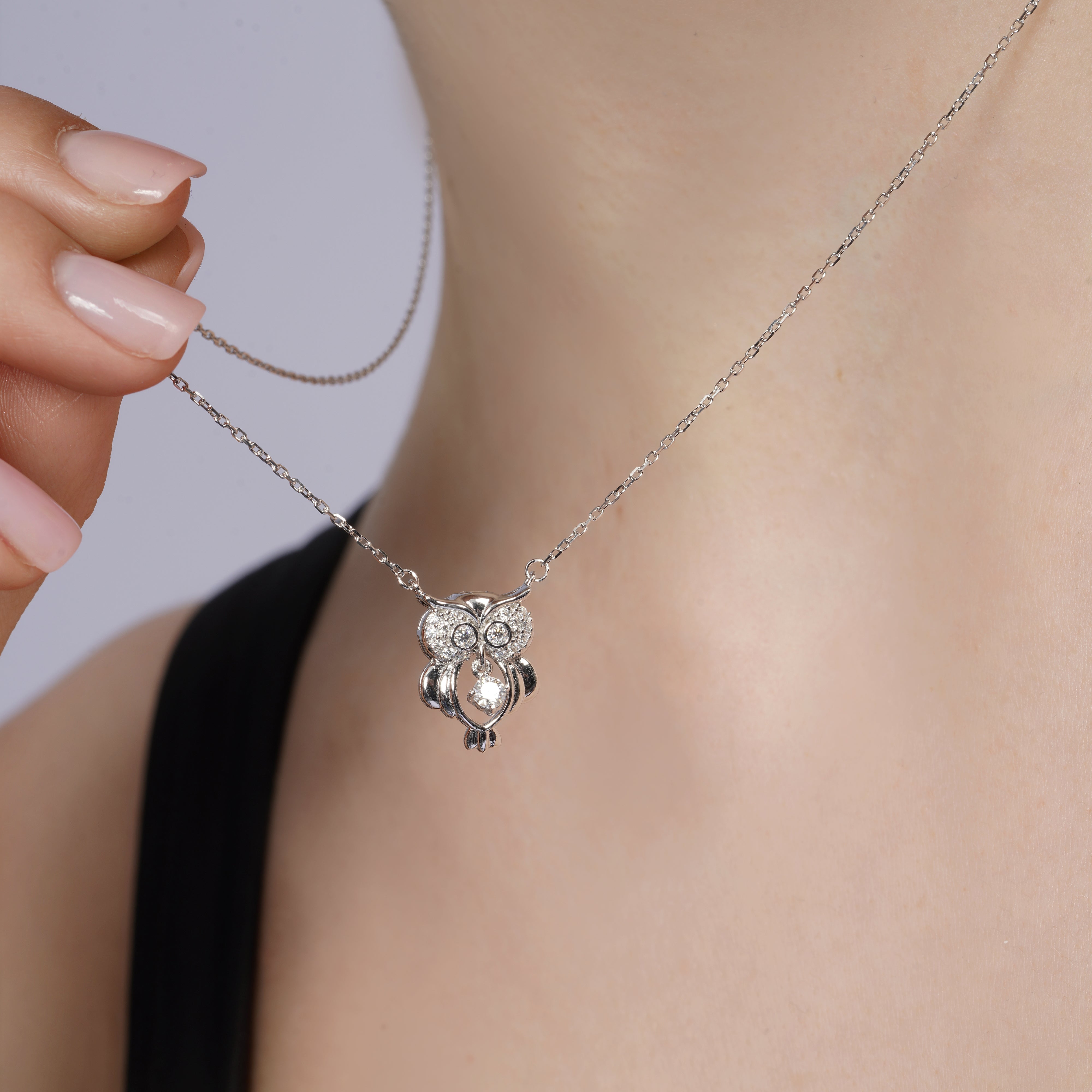 Rhodium Plated 925 Sterling Silver Dancing  Moissanite Owl Pendant Necklace - MGMN00028