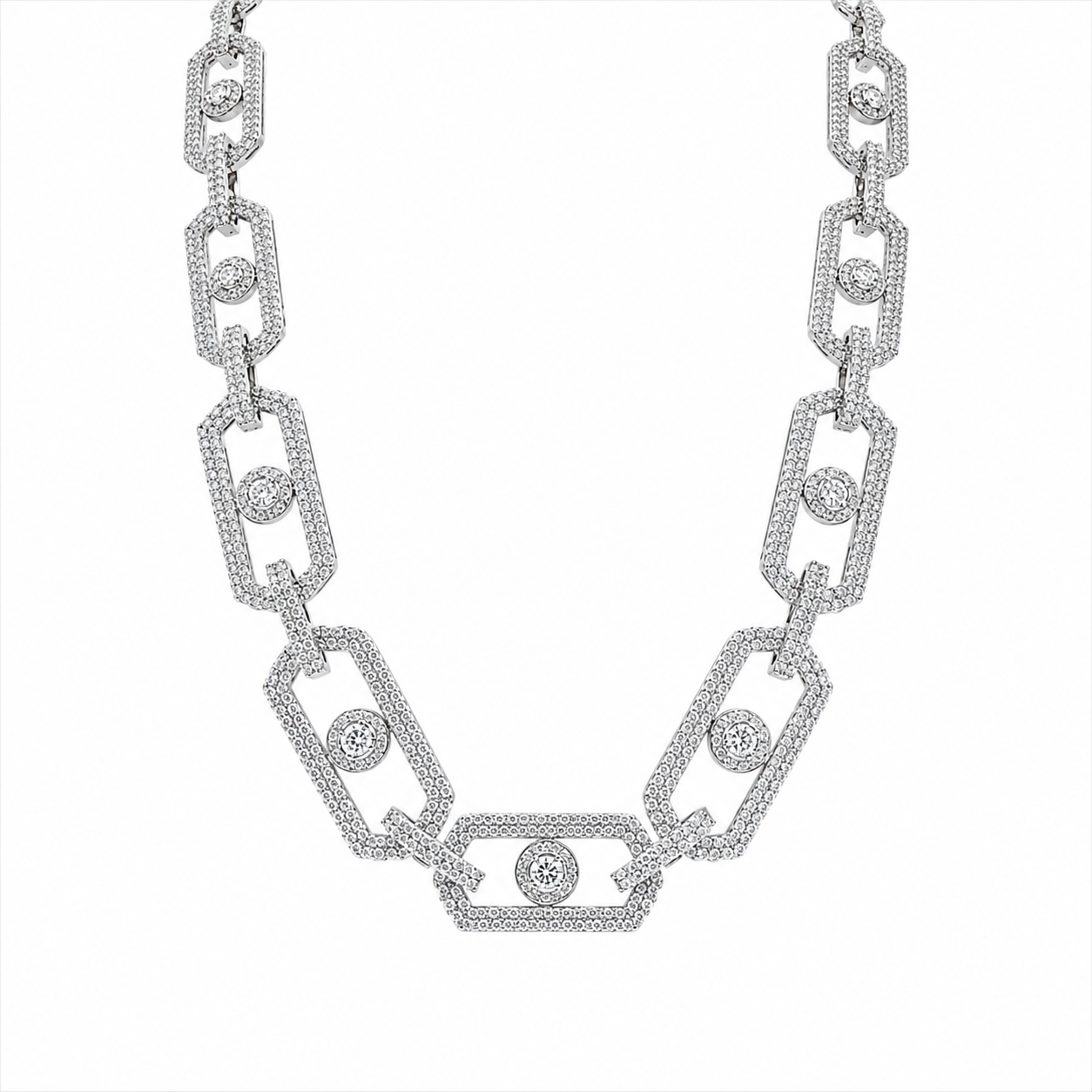 Rhodium Plated 925 Sterling Silver Moissanite Geometric Link Pave 11mm Necklace - MGMN00009