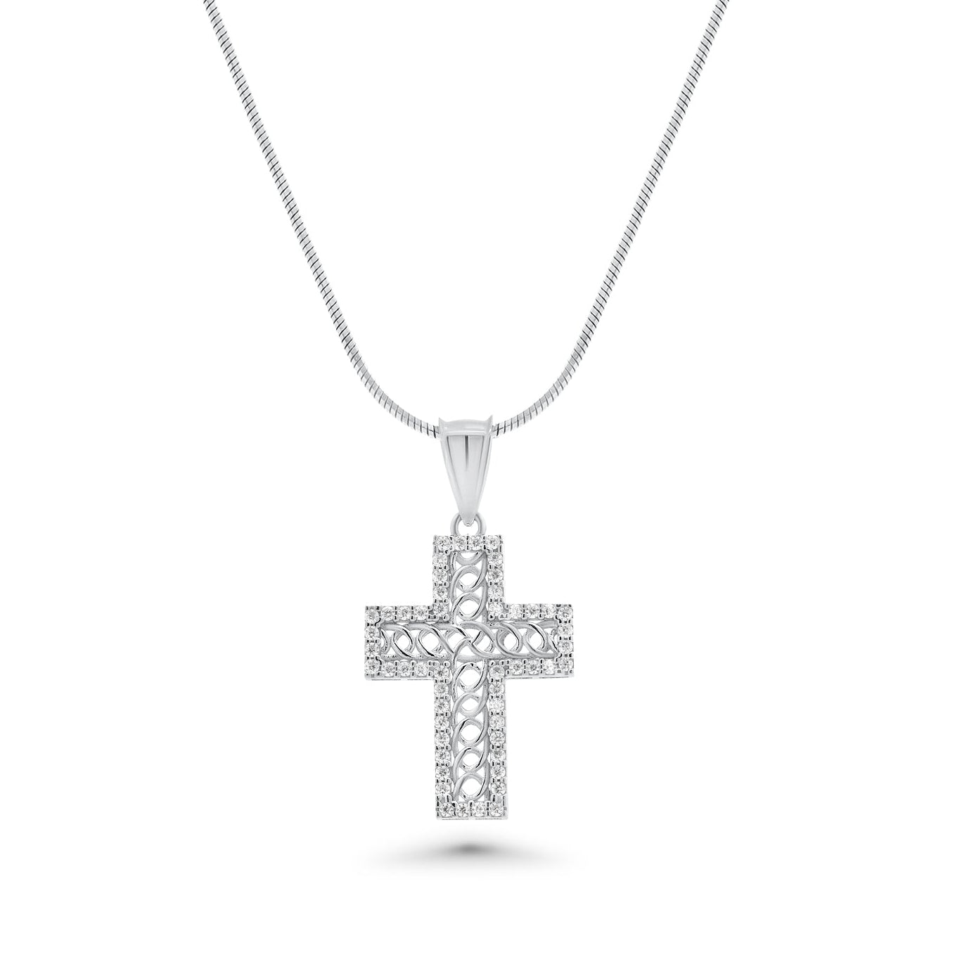 Rhodium Plated 925 Sterling Silver Moissanite Rope Design Cross Pendant - MGMP00006