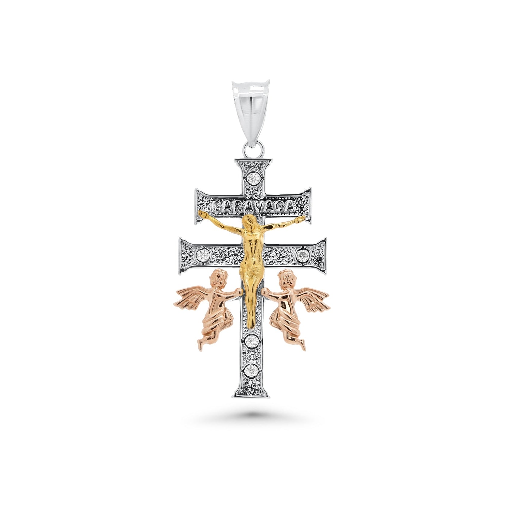 Three-Tone Plated 925 Sterling Silver Moissanite Crucifix Cherubs Caravaca Pendant - MGMP00024 | MGMP00025
