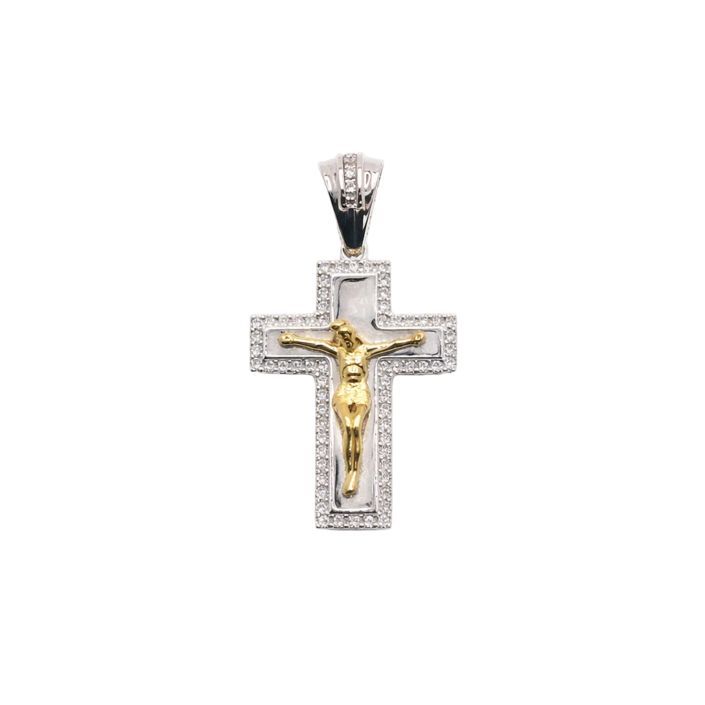 Two-Tone 925 Sterling Silver Moissanite Stone Crucifix Cross Pendant- MGMP00007