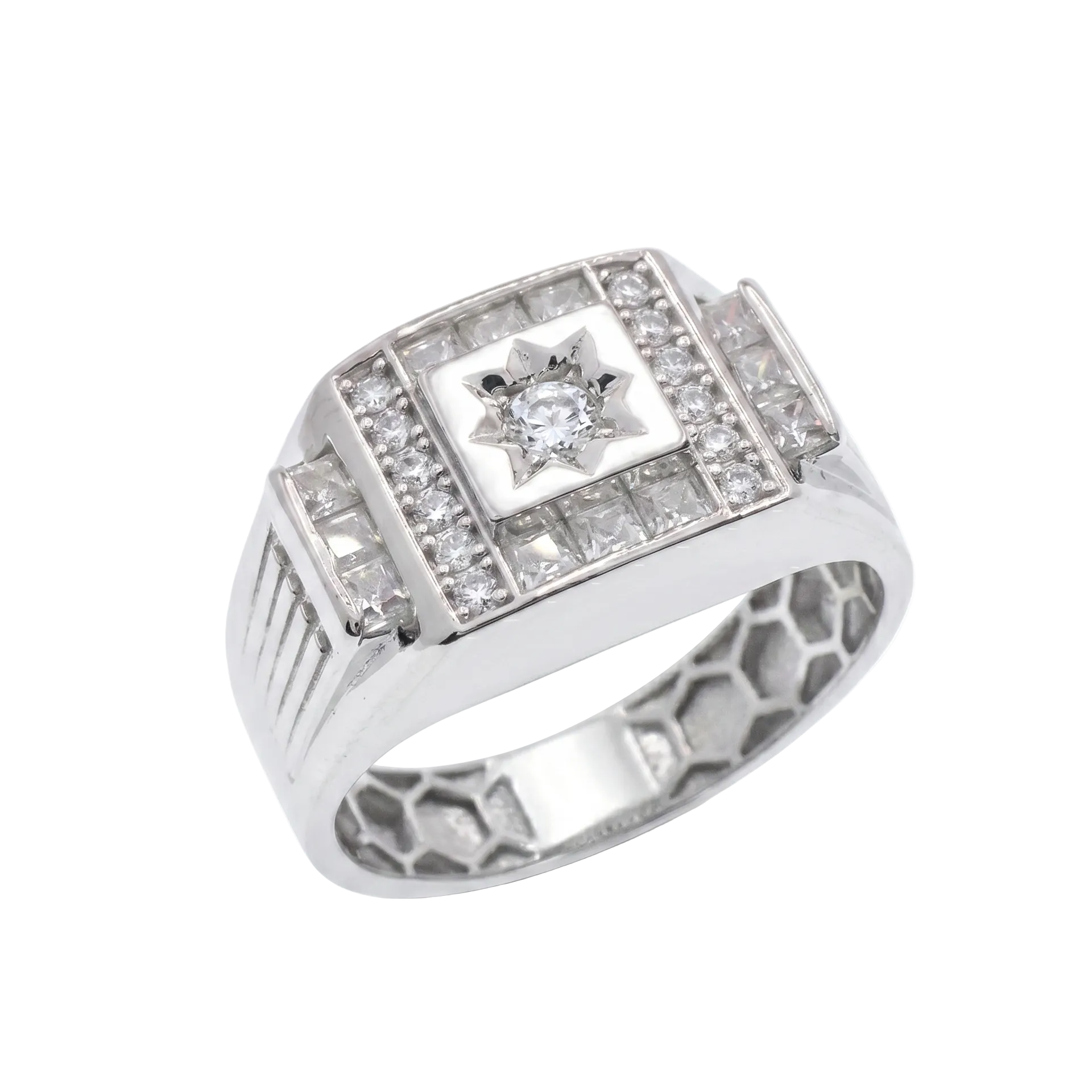 Rhodium Plated 925 Sterling Silver Moissanite Men's Statement Radiant Signet Ring - MGMR00045