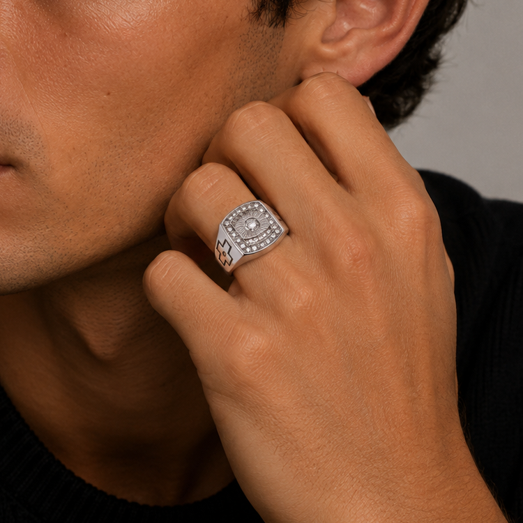 Anillo de hombre de halo cuadrado de moissanita de plata de ley 925 chapado en rodio - MGMR00046