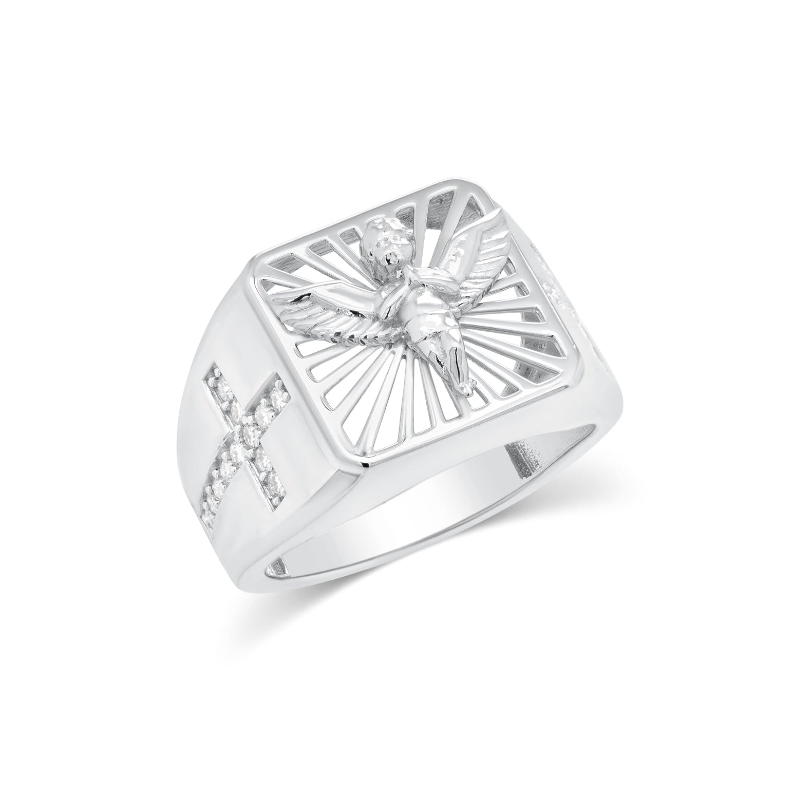 Anillo de Plata de Ley 925 Bañado en Rodio con Moissanita, Ángel Radiante y Acento de Cruz para Hombre - MGMR00048