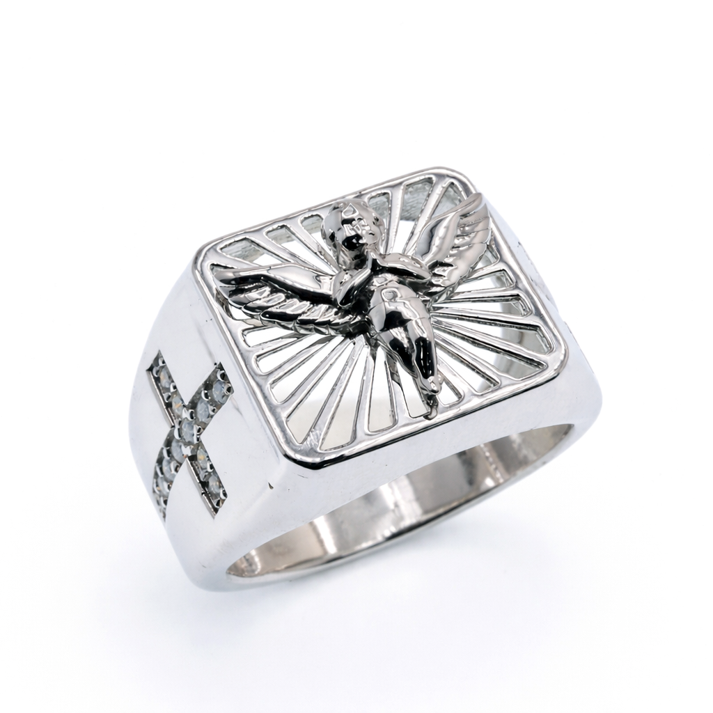 Rhodium Plated 925 Sterling Silver Men's Moissanite Angel Radiant Signet Cross Accent Ring - MGMR00048