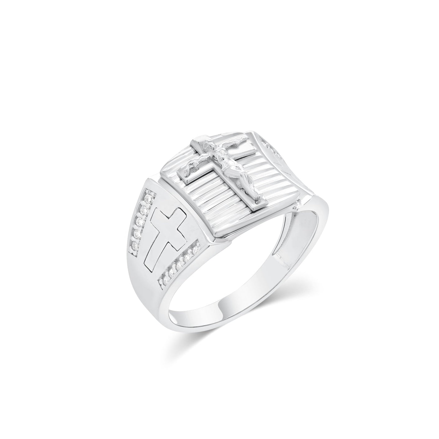 Rhodium Plated 925 Sterling Silver Men's Moissanite Iced Cross Accents with Detailed Jesus Center Ring - MGMR00050