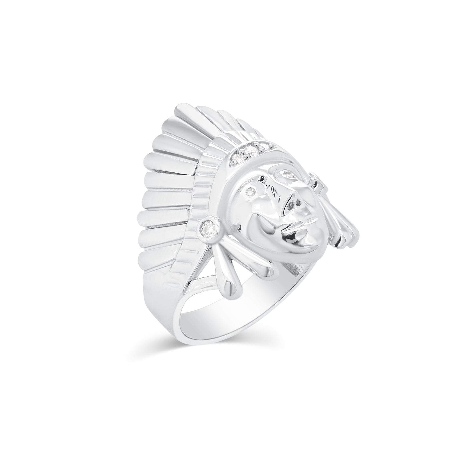 Rhodium Plated 925 Sterling Silver Men's Moissanite Native Chief Head Ring - MGMR00051