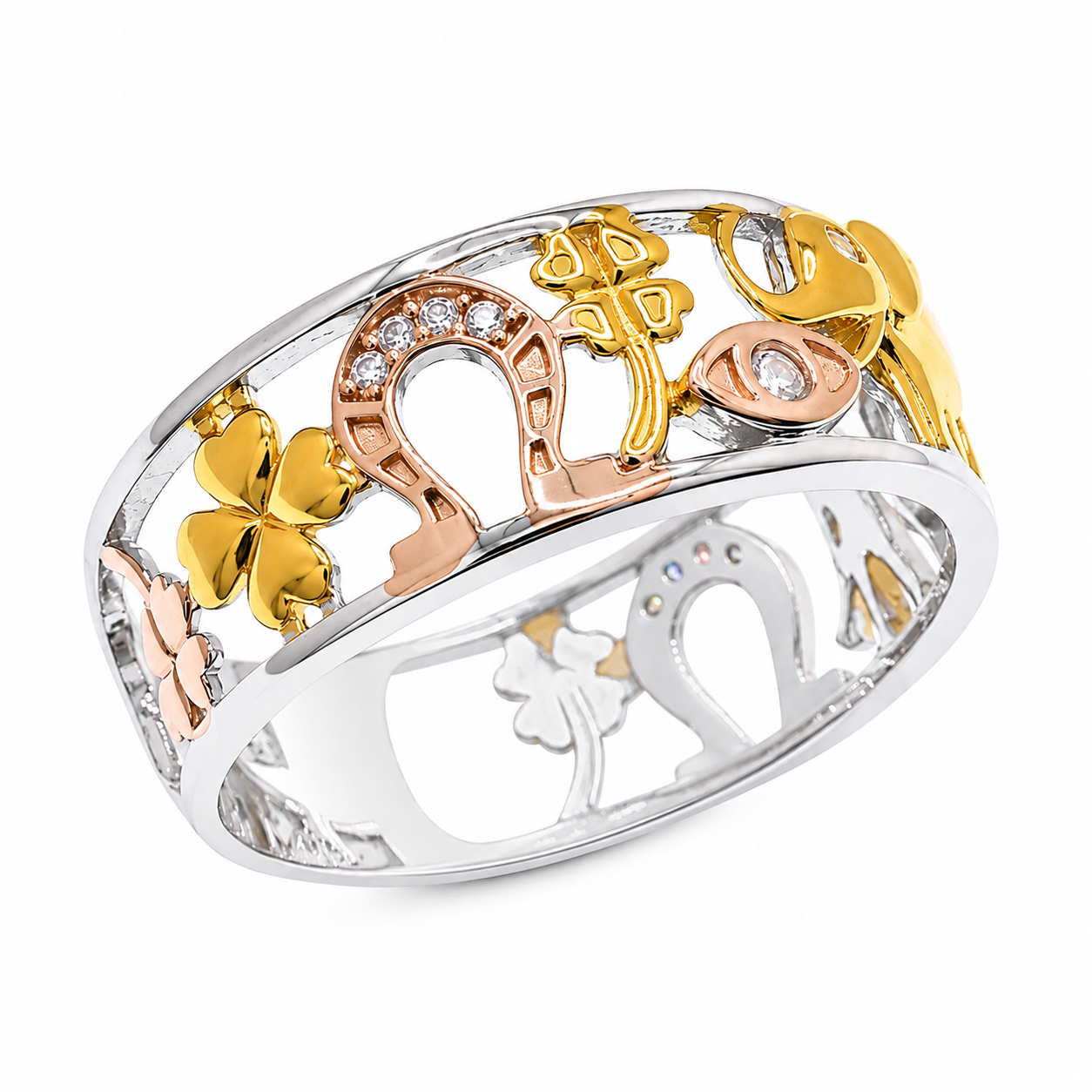 Three-Tone Plated 925 Sterling Silver Moissanite Lucky Charm Band