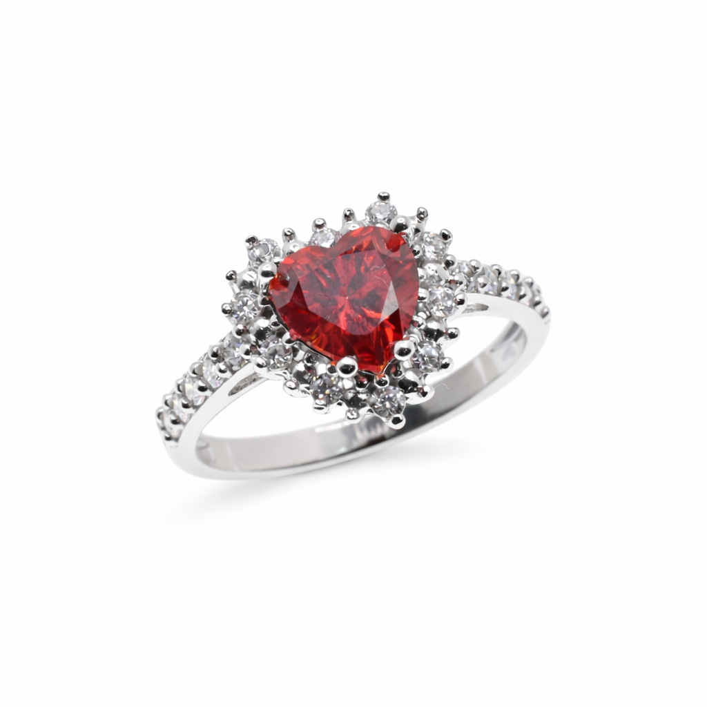 Rhodium Plated 925 Sterling Silver Moissanite Stone Ruby Red Heart Pave Ring - MGMR00056