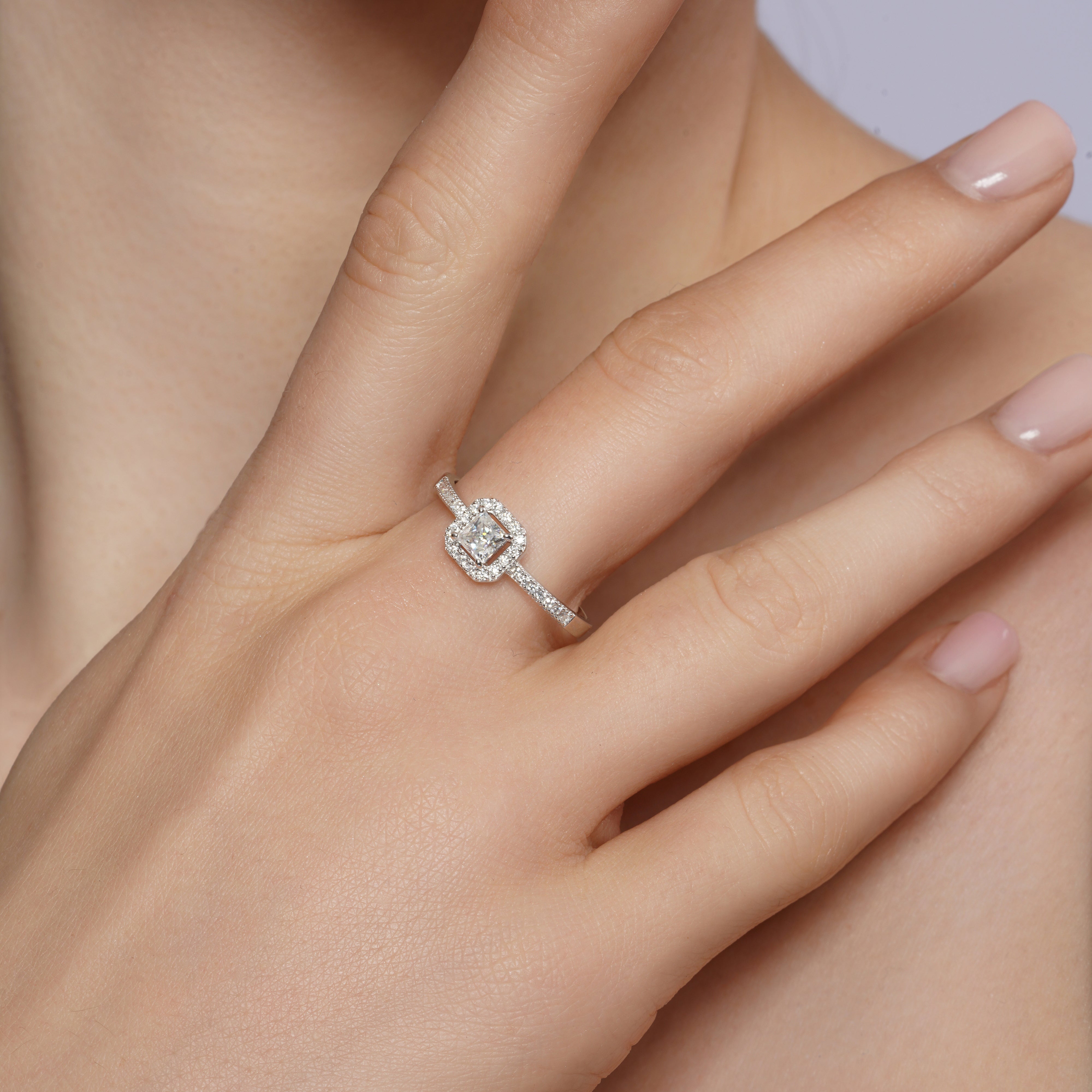 Rhodium Plated 925 Sterling Silver Moissanite Halo Setting Pave Ring - MGMR00058