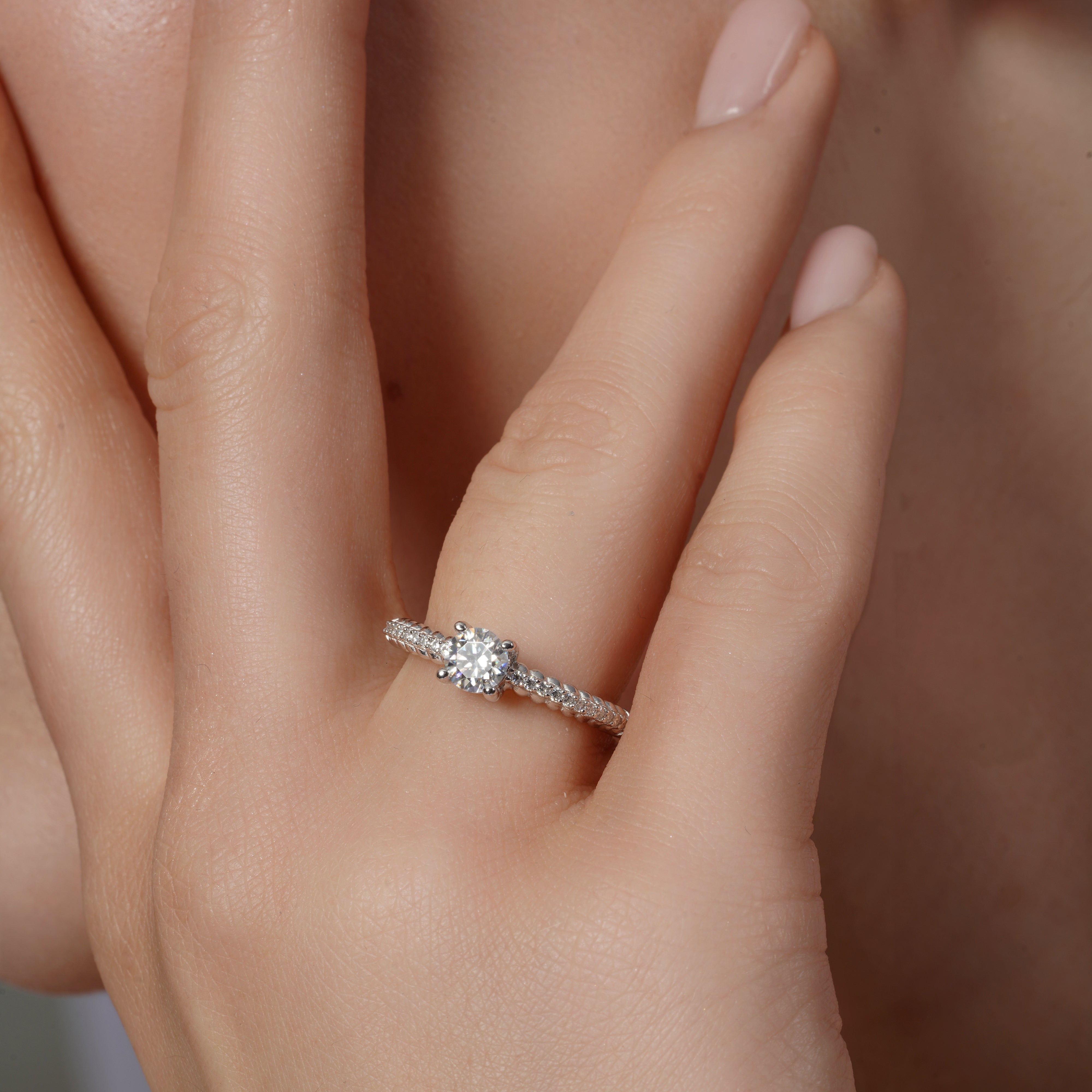 Rhodium Plated 925 Sterling Silver Moissanite Solitaire Pave Ring - MGMR00059