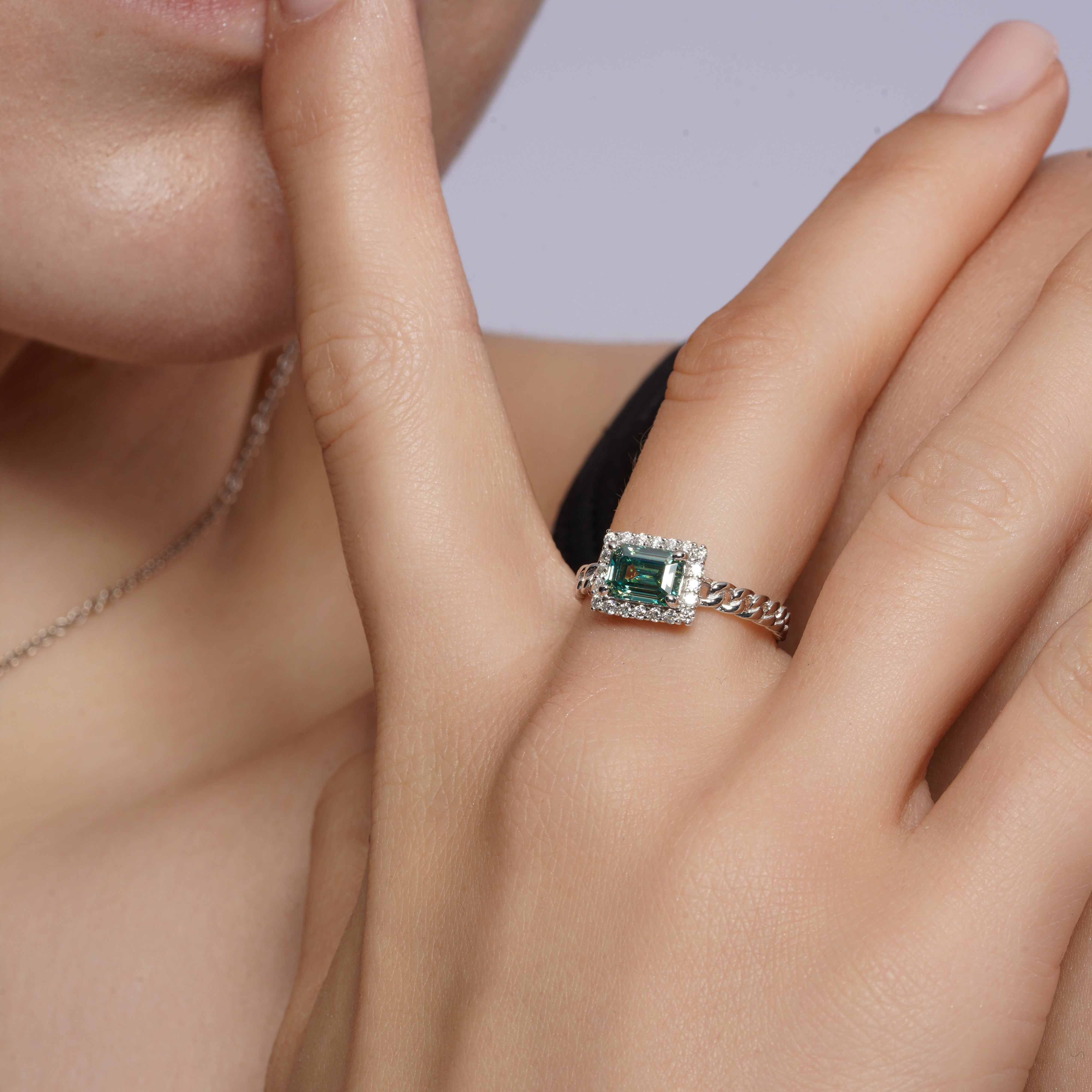 Rhodium Plated 925 Sterling Silver Moissanite Emerald Halo Setting Braided Ring - MGMR00060