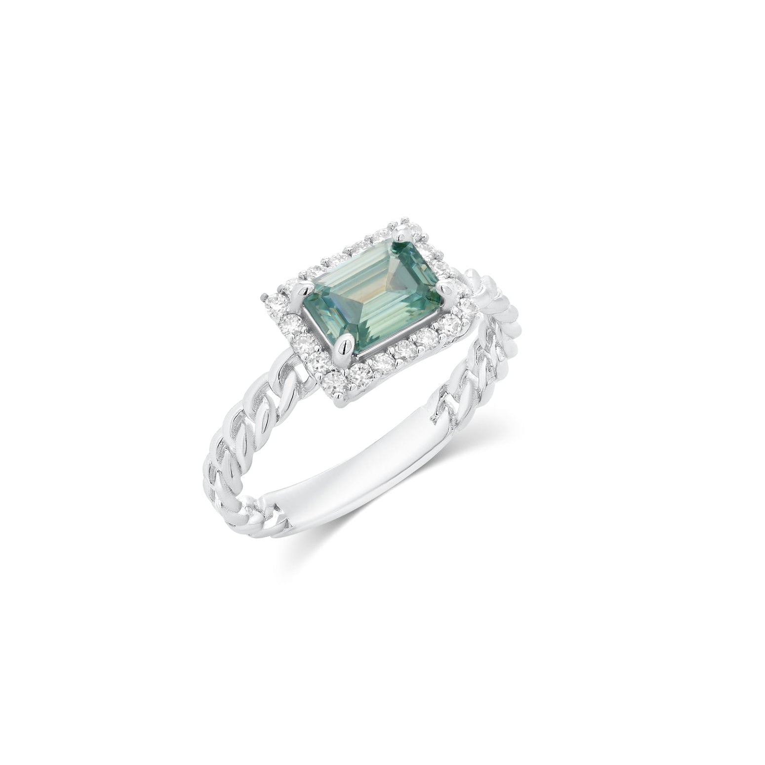 Rhodium Plated 925 Sterling Silver Moissanite Emerald Halo Setting Braided Ring - MGMR00060