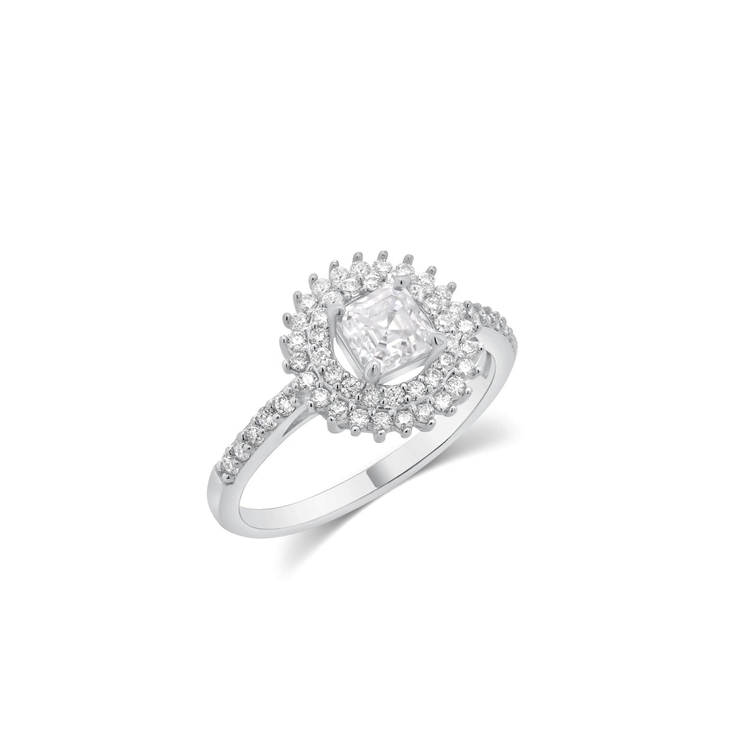 Rhodium Plated 925 Sterling Silver Moissanite Square Halo Double Pave Ring - MGMR00064
