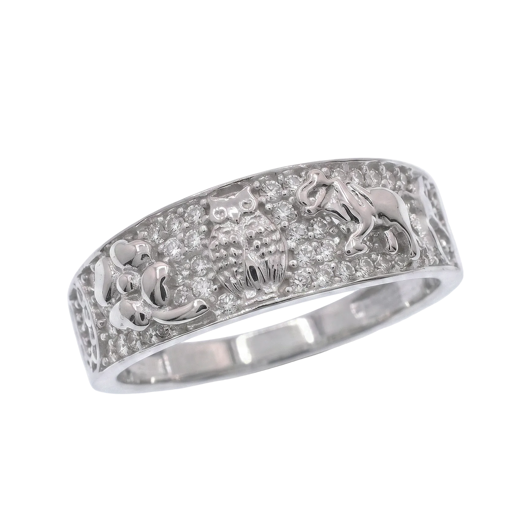 Rhodium Plated 925 Sterling Silver Moissanite Good Luck Charm Pavé Crystal Elephant, Horseshoe & Owl Band Ring - MGMR00069
