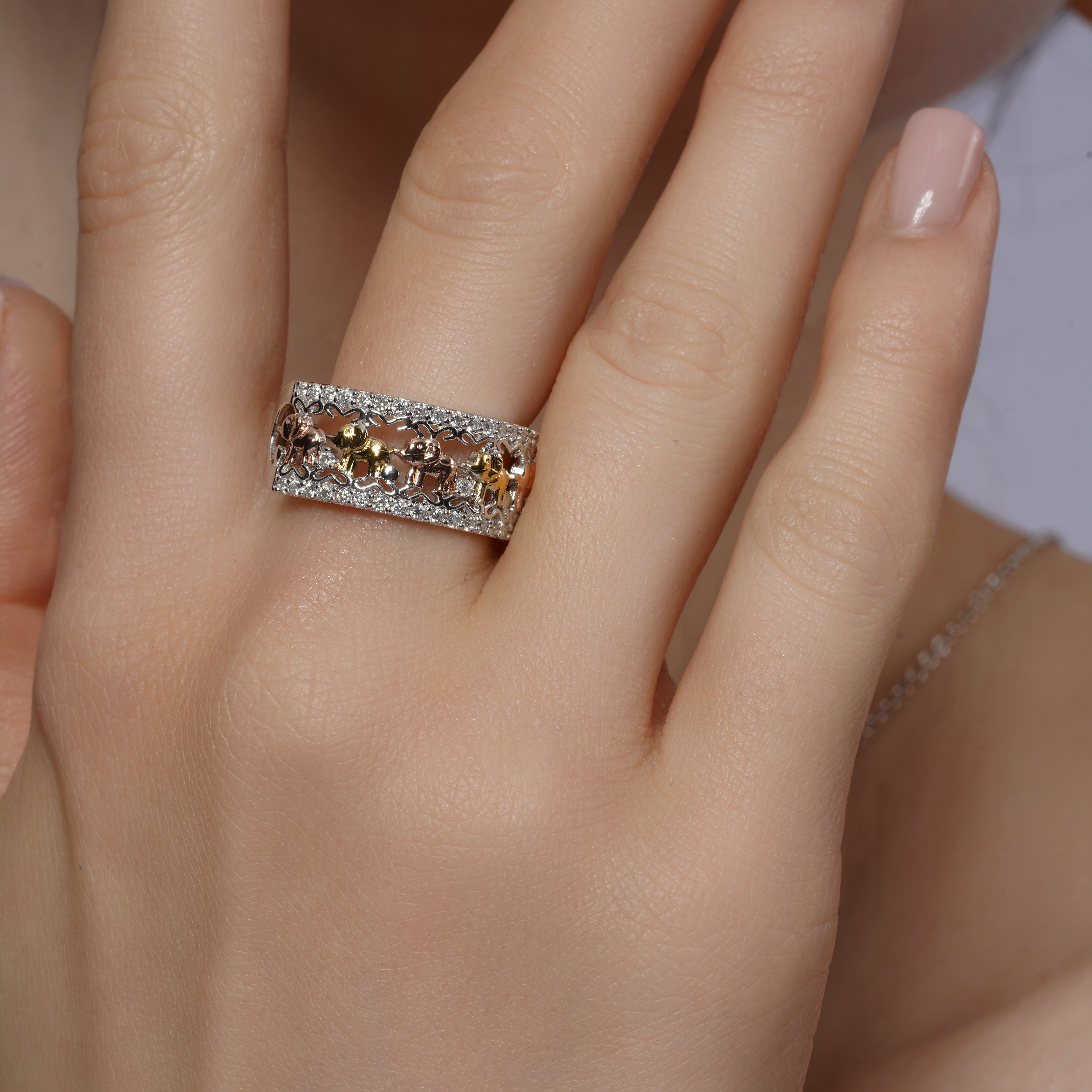 Three-Tone Plated 925 Sterling Silver Moissanite Elephant Pave Ring - MGMR00071