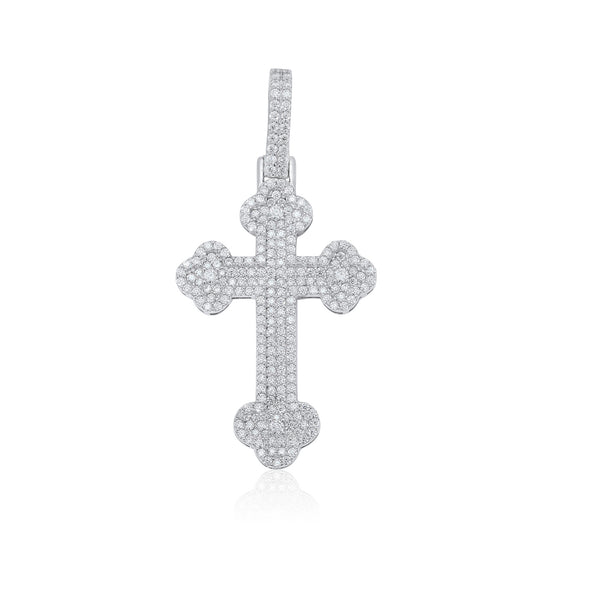 Rhodium Plated 925 Sterling Silver Moissanite Fleur-De-Lis Cross Encrusted 24.5mm x 37.6mm Pendant - MPAP0002