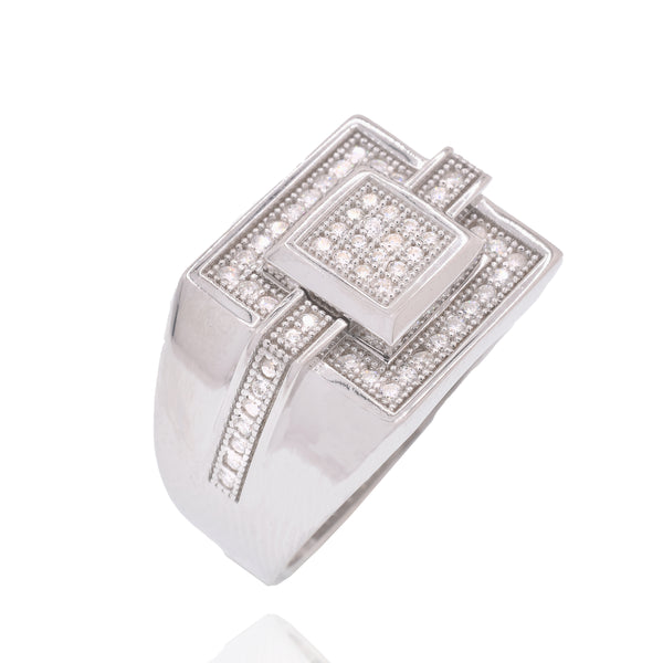 Rhodium Plated 925 Sterling Silver Square Top Moissanite Pave Men's Statement Ring - MPAR00035