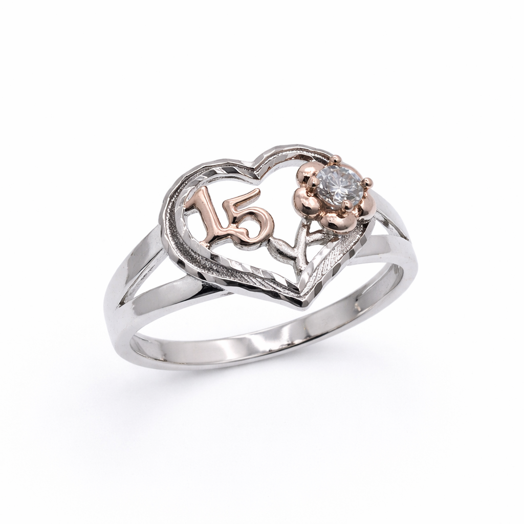 Two-Tone Plated 925 Sterling Silver Quinceañera Heart Rose Ring - MGMR00073