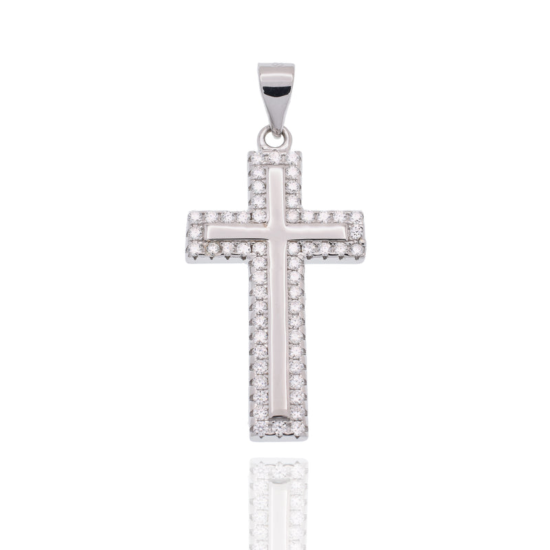 Rhodium Plated 925 Sterling Silver Moissanite 15mm x 23mm Border Cross Hip Hop Pendant - MSLP00096