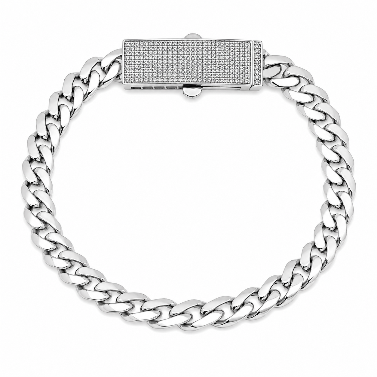 Rhodium Plated 925 Sterling Silver Moissanite Pave Bar Lock Cuban Link 8mm Bracelet - MTGB00016