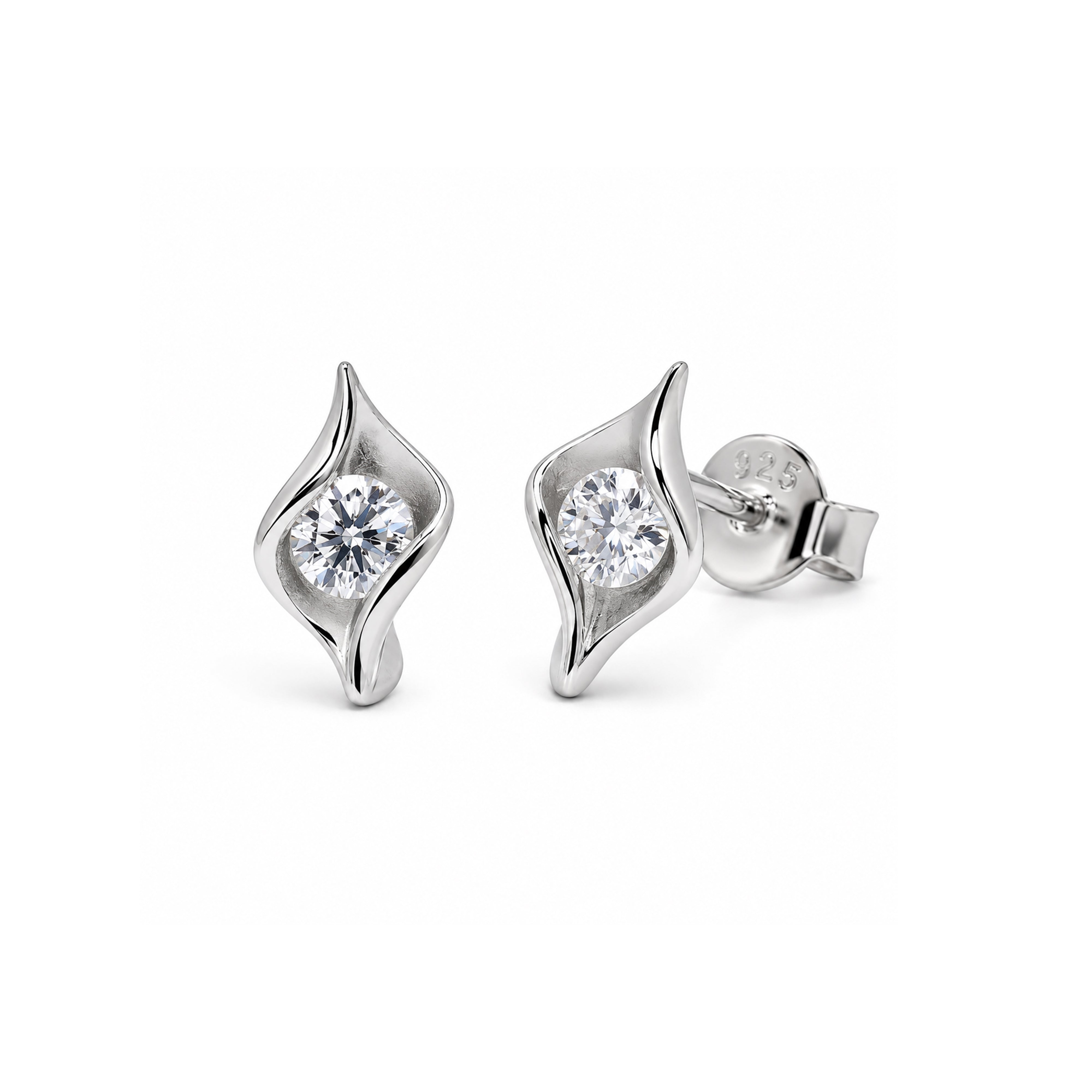 Rhodium Plated 925 Sterling Silver Moissanite Wave Swirl Stud Earrings - MTGE00048