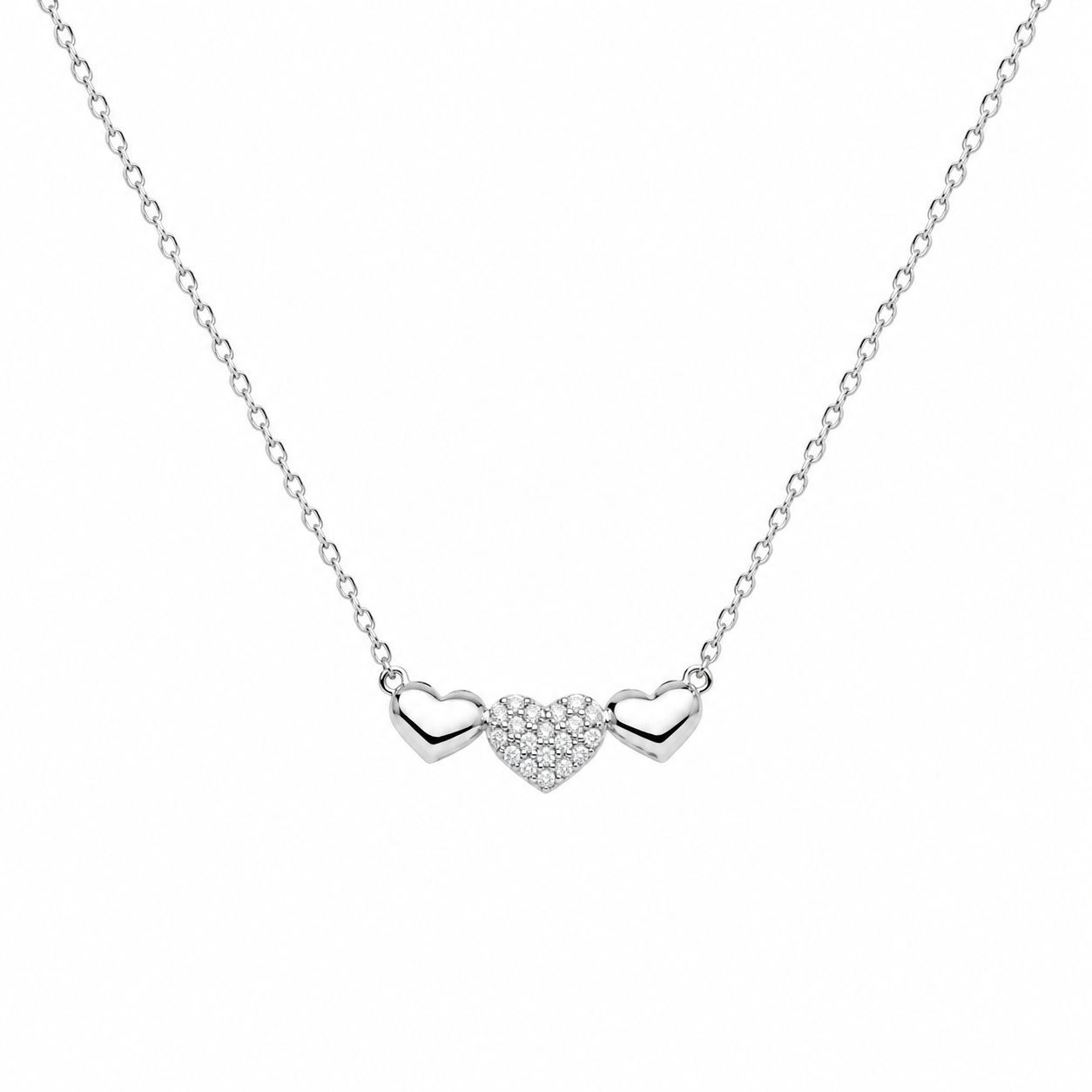 Rhodium Plated 925 Sterling Silver Moissanite Triple Heart Pave Necklace - MTGN00017