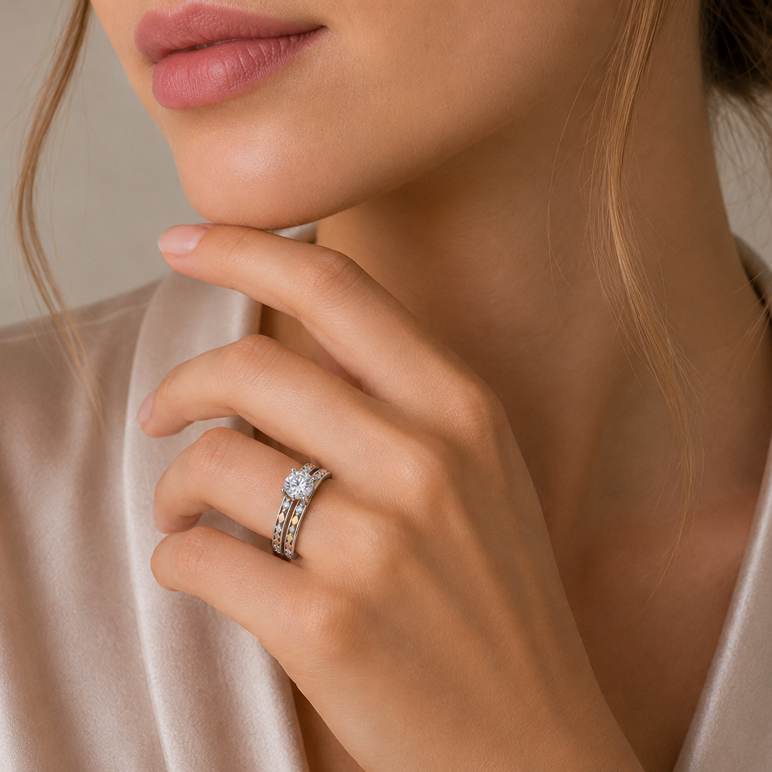 Three-Tone 925 Sterling Silver Moissanite Diamond Cut Solitaire Ring - MTGR00035TRI