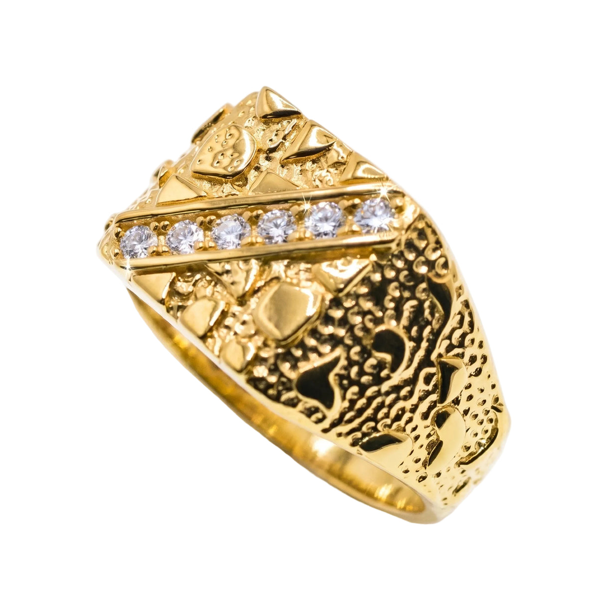 Gold Plated 925 Sterling Silver Moissanite Men's Nugget Diagonal Band Ring - MTGR00038GP