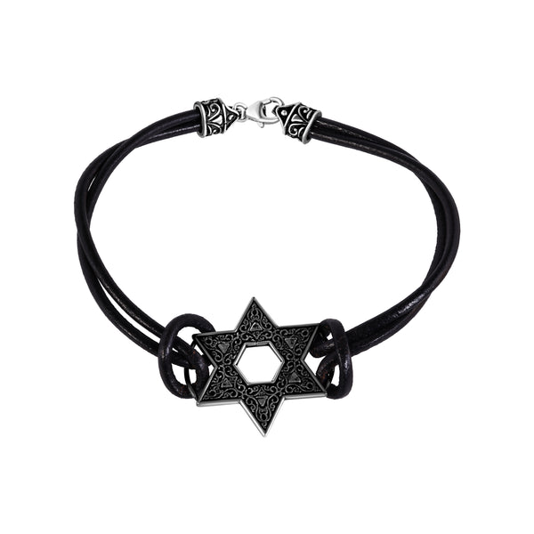 Closeout-Silver 925 Oxidized Star Of David on a Leather Bracelet - OXB00005