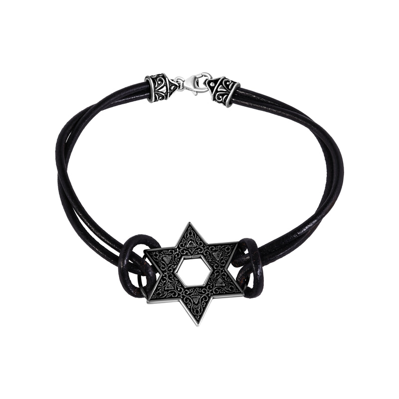 Closeout-Plata 925 Estrella de David oxidada en una pulsera de cuero - OXB00005