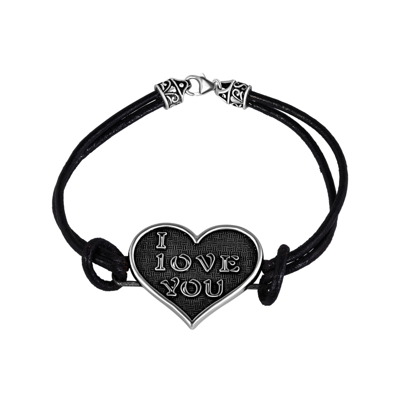 Closeout-Silver 925 Oxidized I LOVE YOU Heart Leather Bracelet - OXB00006