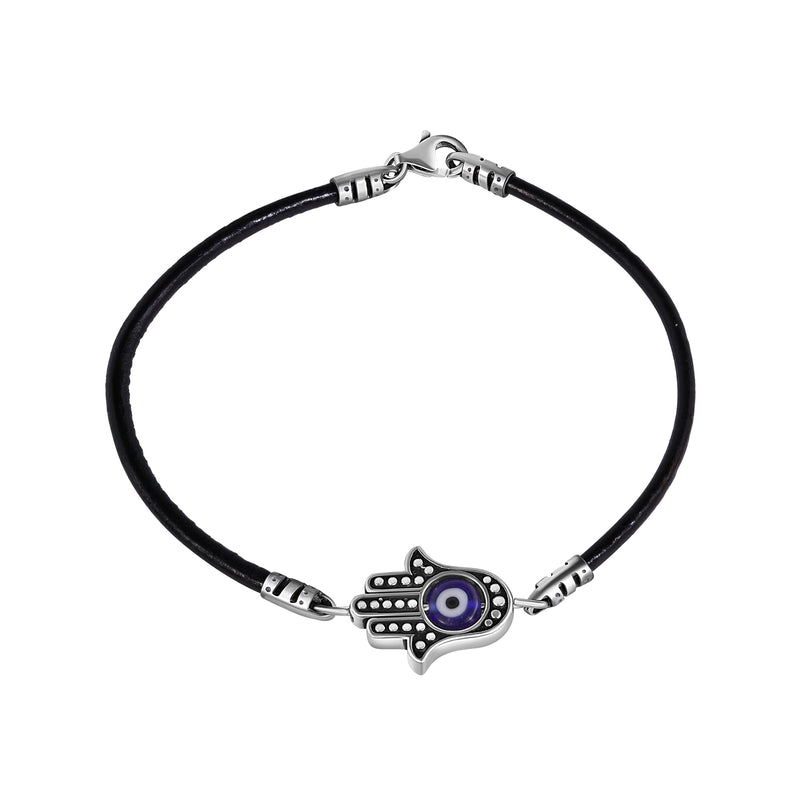 Plata 925 Oxidado Azul Mal de Ojo Hamsa Mano en una Pulsera de Cuero - OXB00008