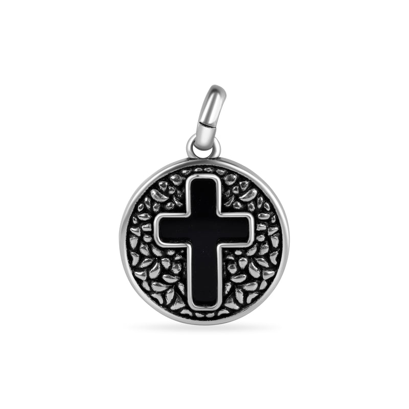 Oxidized 925 Sterling Silver Disc Black Stone Cross Pendant - OXP00005