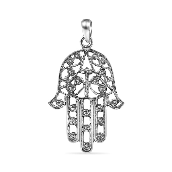 925 Sterling Silver Oxidized Filigree Hamsa Pendant - OXP00012