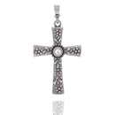 Oxidized 925 Sterling Silver Ornate Floral CZ Center Stone Cross 32mm x 45mm Pendant - OXP00057