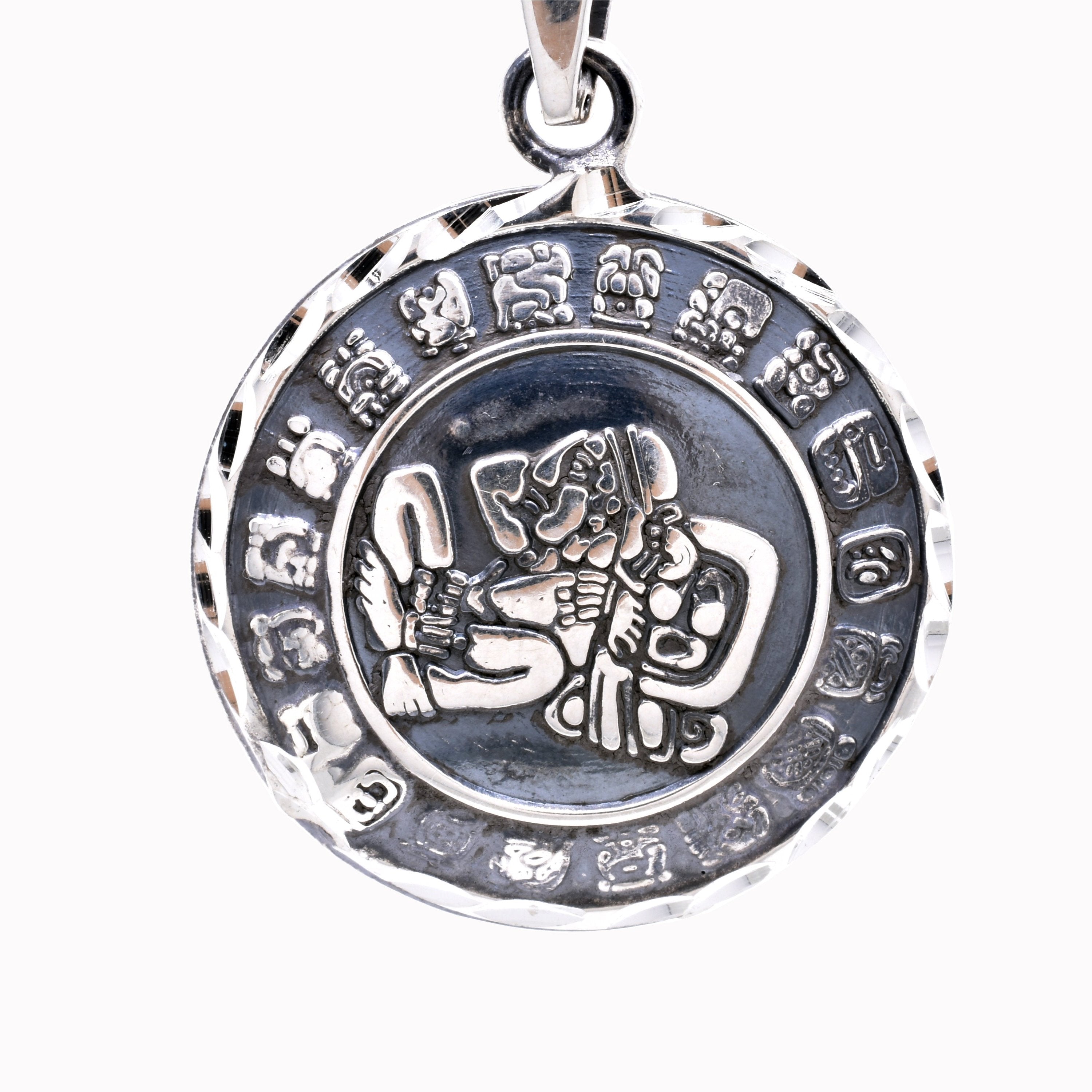 Oxidized 925 Sterling Silver Diamond Cut Puffed Aztec Mayan Calendar 3D Pendant - OXP00063