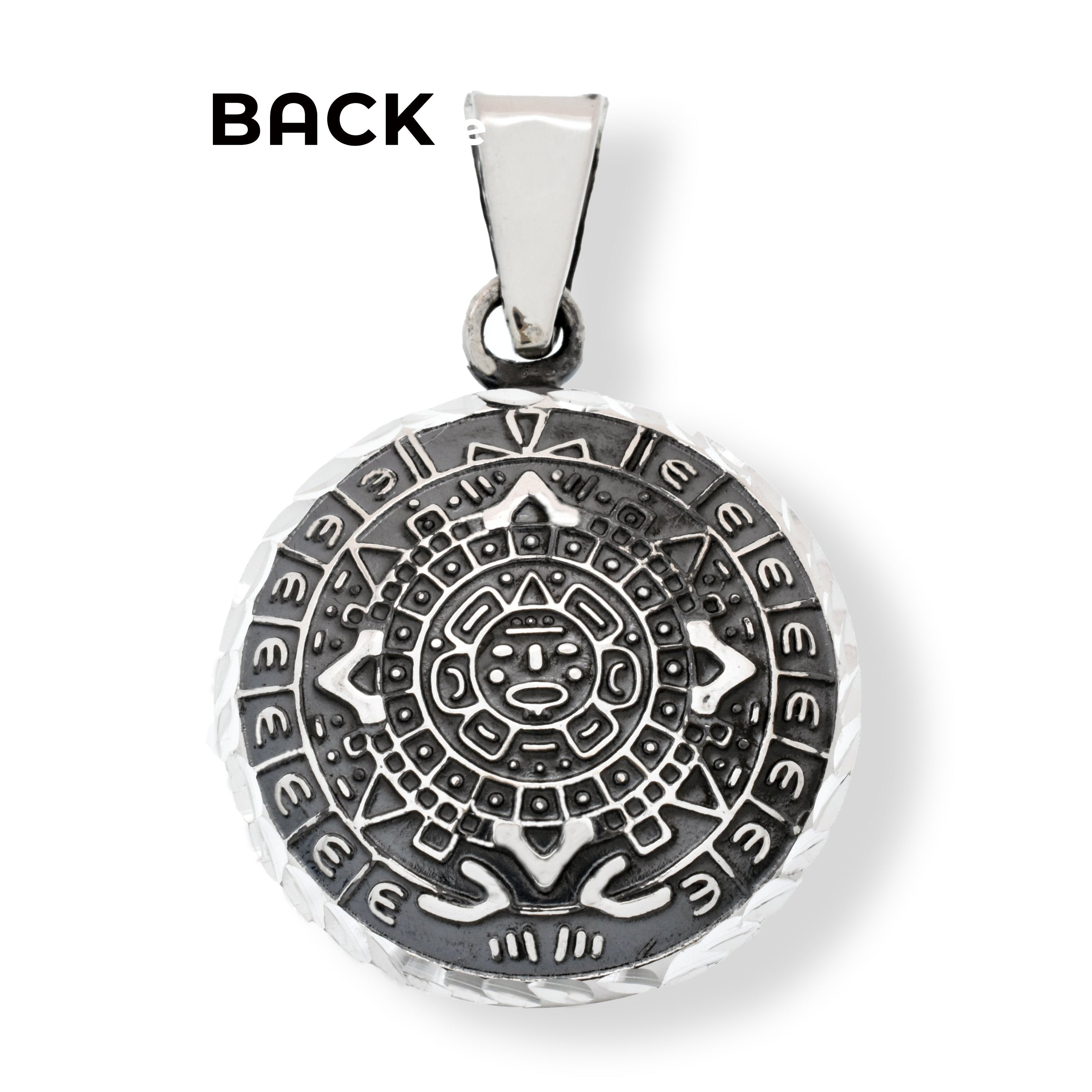Oxidized 925 Sterling Silver Diamond Cut Puffed Aztec Mayan Calendar Double Sided Pendant - OXP00068